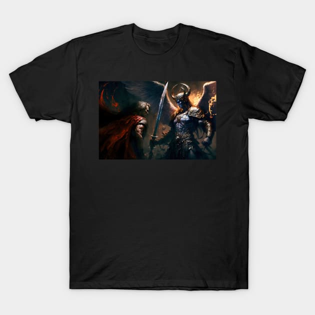 Battle between archangel Michael and Satan T-Shirt by AiArtPerceived